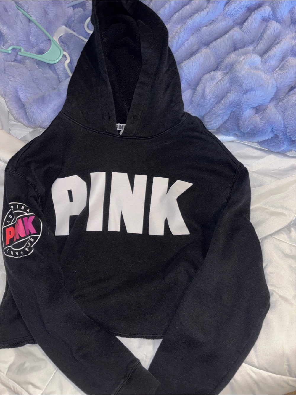 PINK Victoria's Secret Black Cropped Hoodie with White Logo